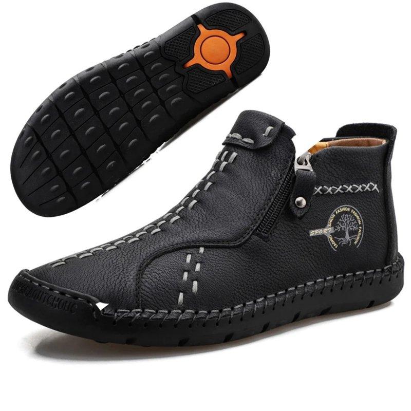 LASUDRAA Mens Ankle Boots Leather Casual Fashion Loafers Shoes Side Zipper Boots Hand Stitching