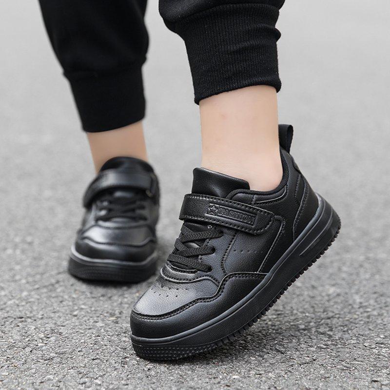 LIIPEE Boys Sneakers Hook And Loop Strap Closed Toe Non- Mesh Athletic Flat Shoes Boys Leisure Holiday School Party Sneaker Black 5-5.5 Years