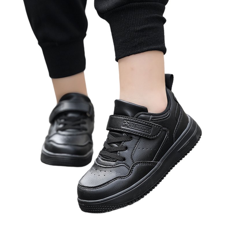 LIIPEE Boys Sneakers Hook And Loop Strap Closed Toe Non- Mesh Athletic Flat Shoes Boys Leisure Holiday School Party Sneaker Black 5-5.5 Years