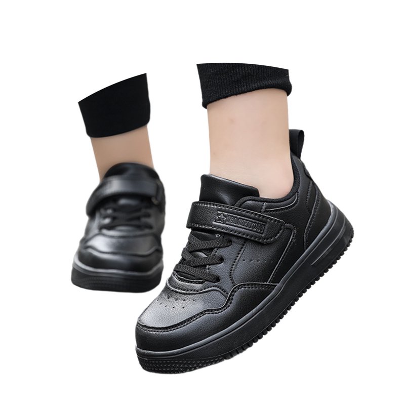 LIIPEE Boys Sneakers Hook And Loop Strap Closed Toe Non- Mesh Athletic Flat Shoes Boys Leisure Holiday School Party Sneaker Black 5-5.5 Years