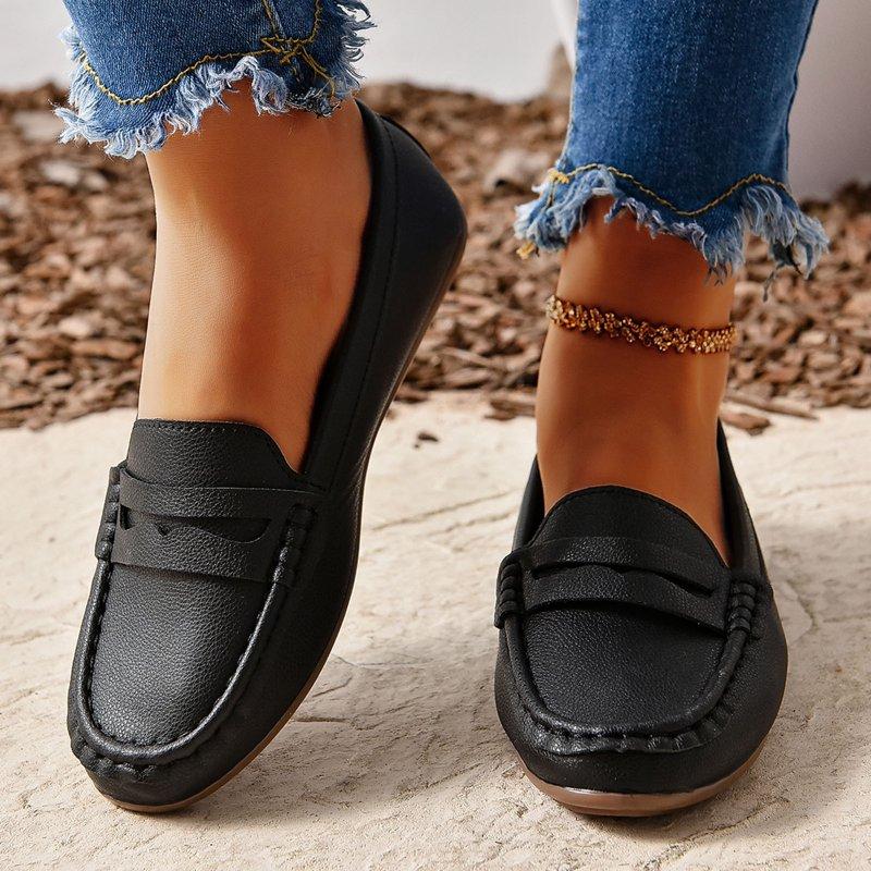 Lovskoo Women's Leather Flats Shoes Leisure Loafers Shoes Slip On Work Shoes Comfort Walking Shoes Black