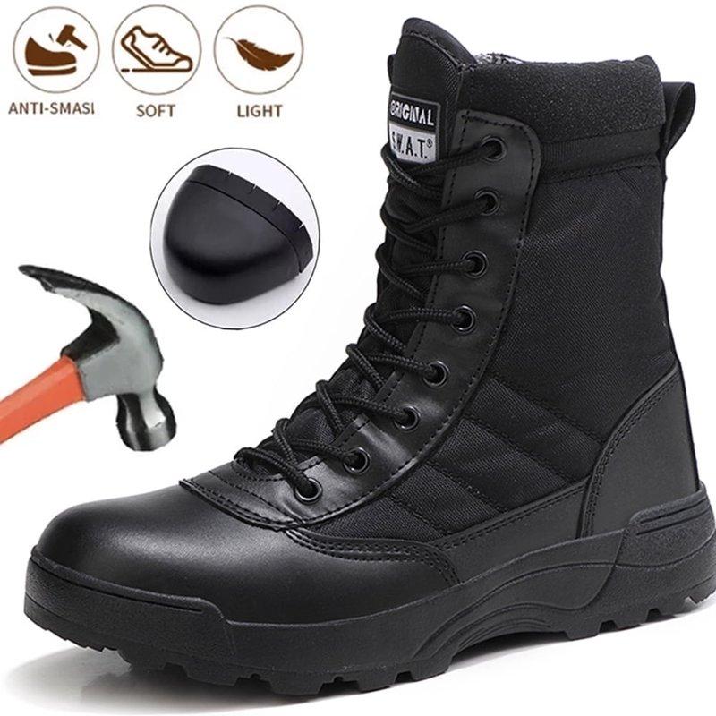Mens Steel Toe Boots Side Zipper Leather Motorcycle Riding Boots Safety Industrial & Construction Work Boots Slip Resistant Outdoor Hiking shoes (US 7-12)