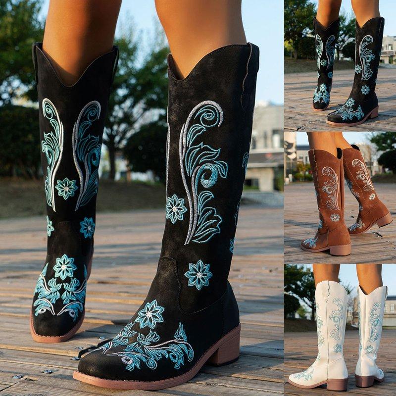 Mepaouo Western Cowboy Boots For Women Knee High Wide Calf Cowgirl Boots Embroidery Classic Pull On Tall Boot