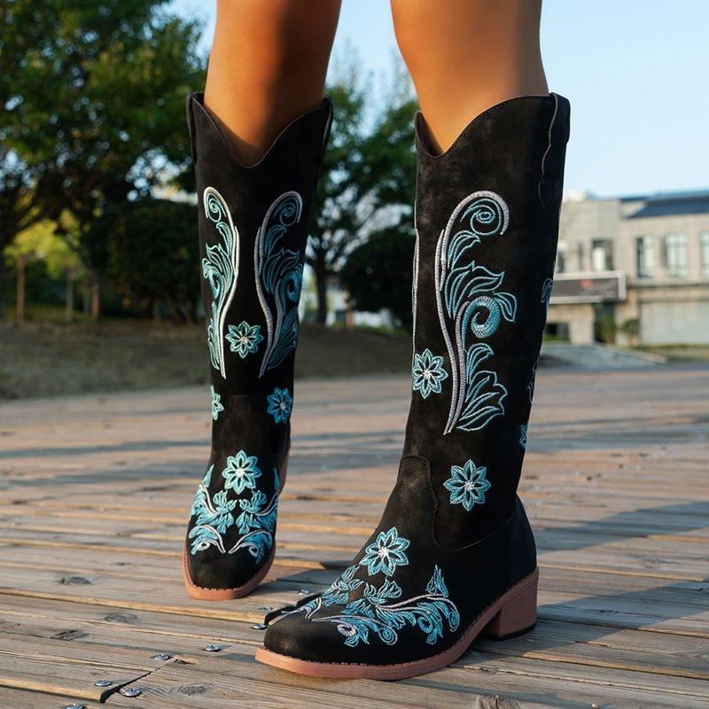 Mepaouo Western Cowboy Boots For Women Knee High Wide Calf Cowgirl Boots Embroidery Classic Pull On Tall Boot