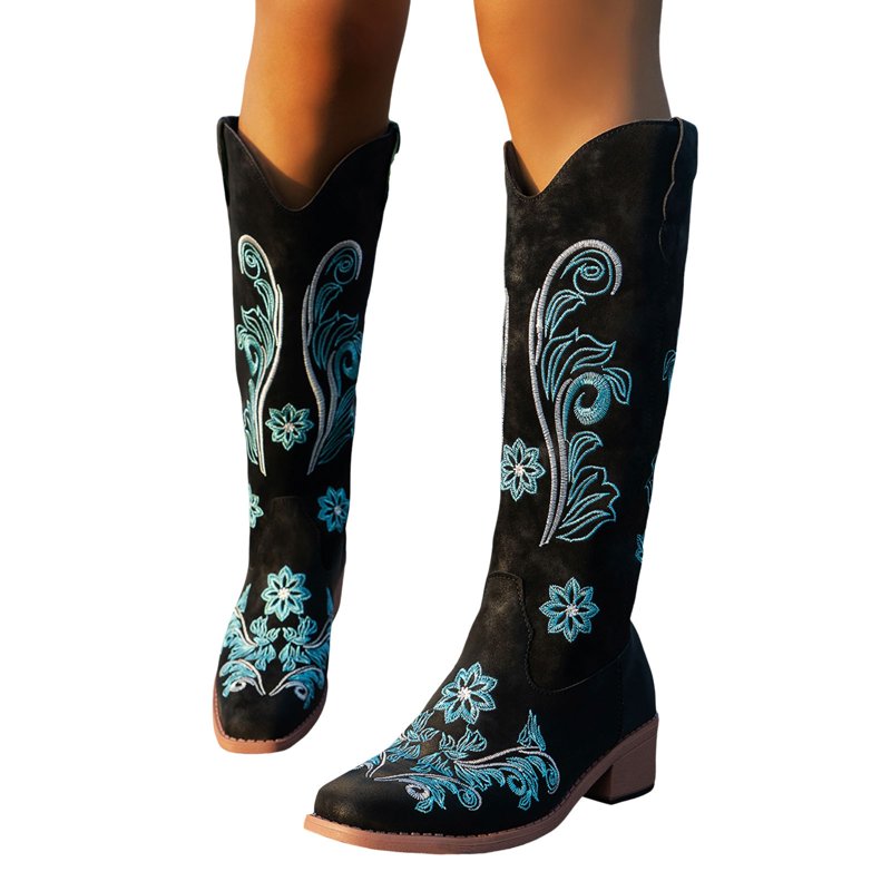 Mepaouo Western Cowboy Boots for Women Knee High Wide Calf Cowgirl Boots Embroidery Classic Pull on Tall Boot