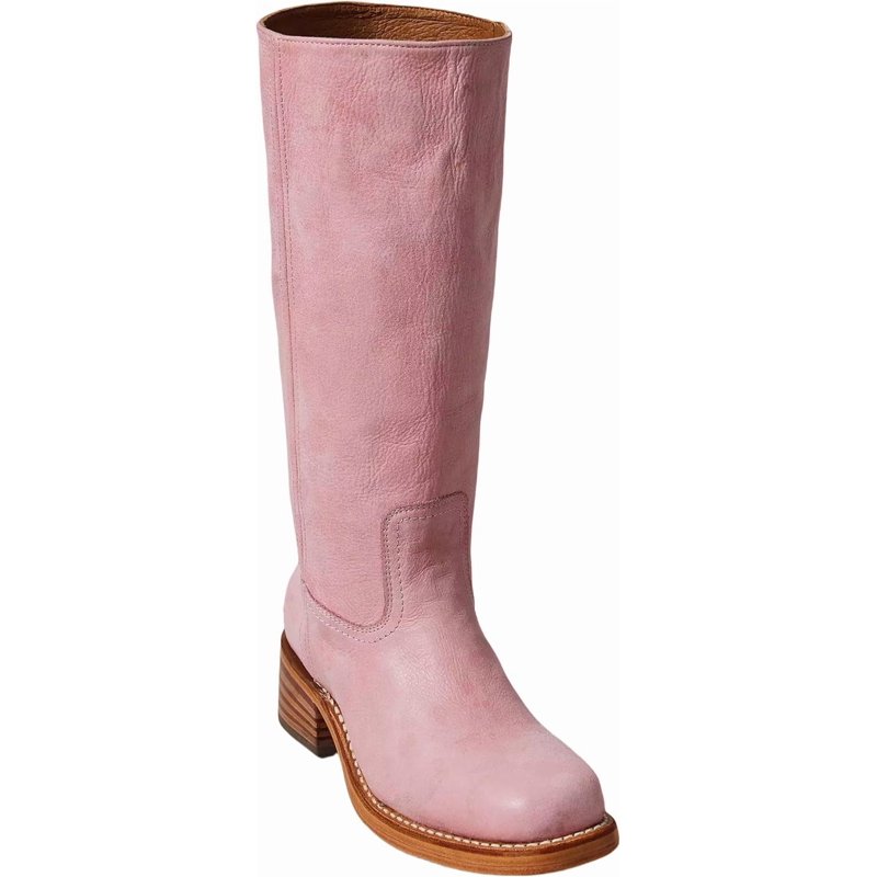 Mid Calf Boots For Women Round Toe Pull On Biker Boots Stacked Chunky Heeled Riding Boots Women's Comfort Leather Tall Boots