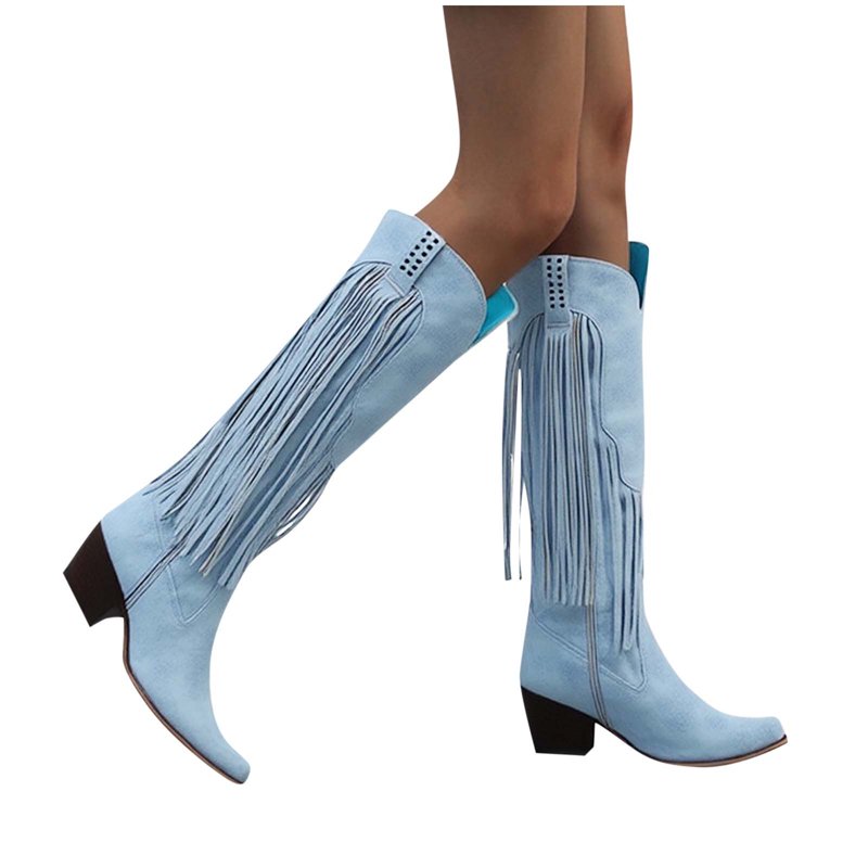 Miluxas Mid Calf Fringe Boots For Women Cowboy Pointed Toe Chunky Heels Cowgirl Western Tassel Boots Light Blue 9.5(43)
