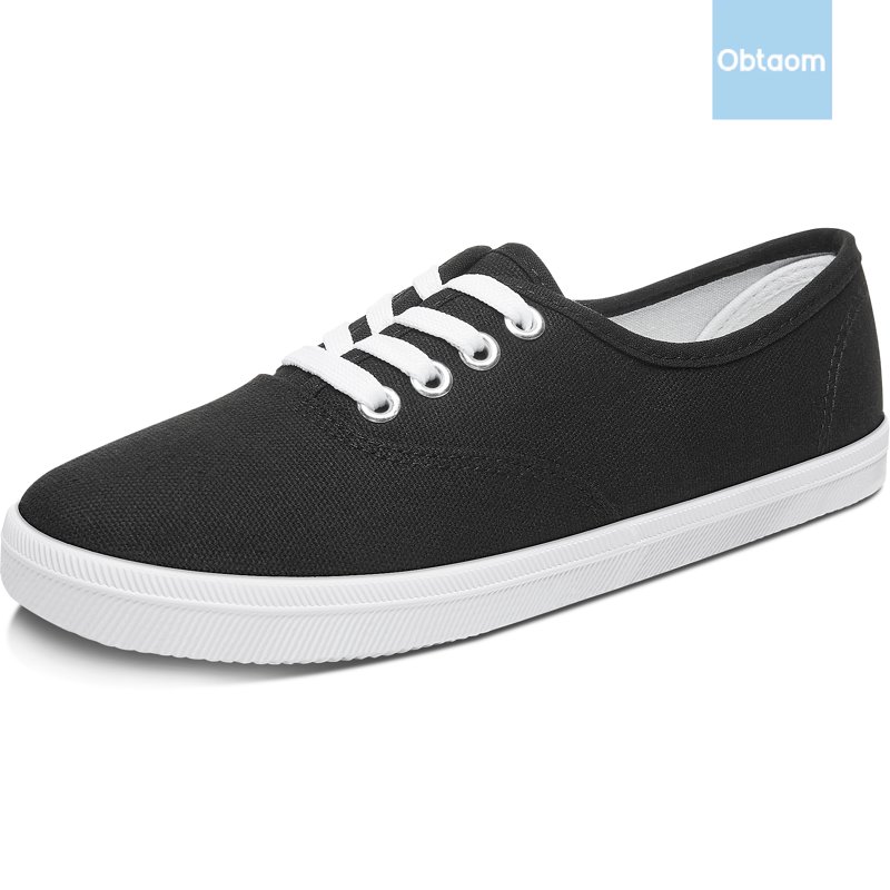 Obtaom Women’s Canvas Sneakers Fashion Lace Up Canvas Shoes Low Top Casual Flat Lightweight Tennis Shoes.(Black US9)