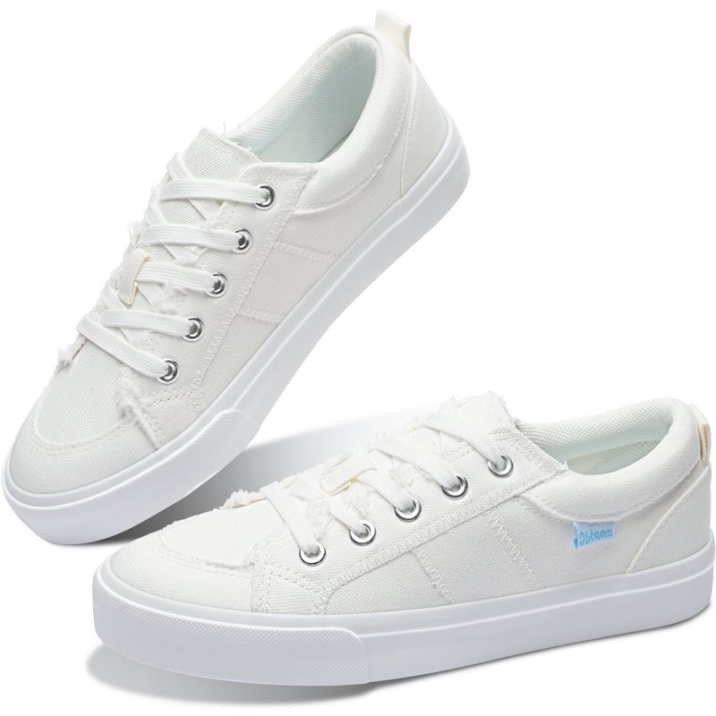 Obtaom Womens Canvas Fashion Sneakers Low Top Lace-Up Womens Casual Canvas Shoes Comfortable Walking Shoes（White US8）