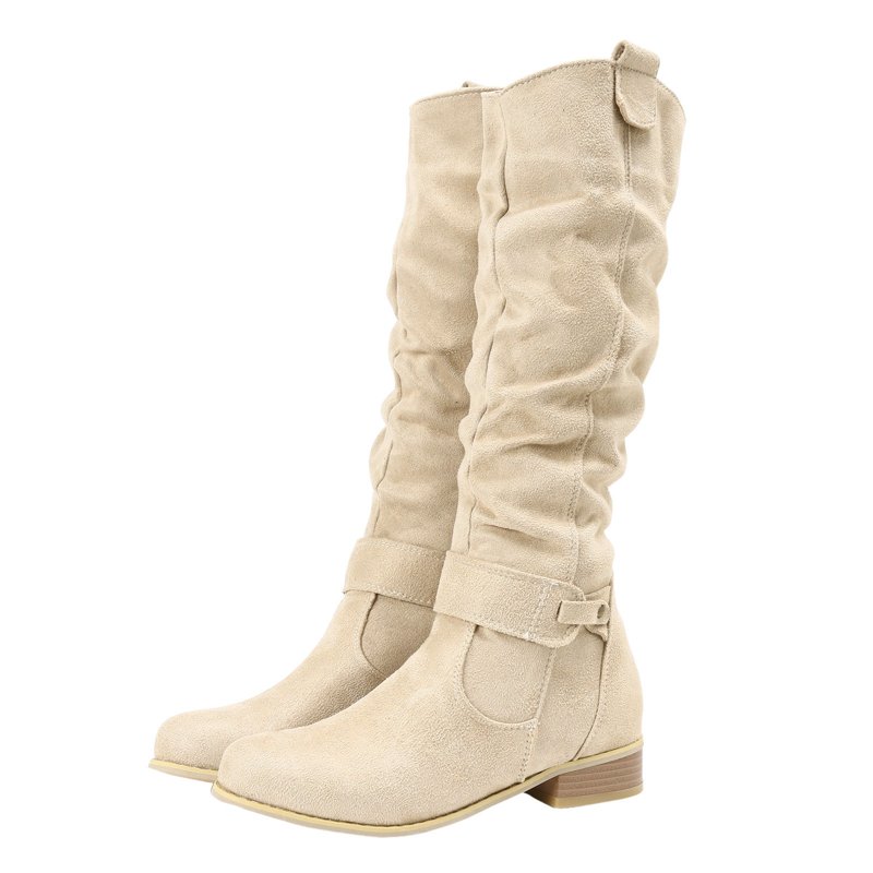 Oyedens Slouchy Knee High Cowboy Boots For Women Fashion Suede Low Heel Zipper Wide Calf Cowgirl Boots