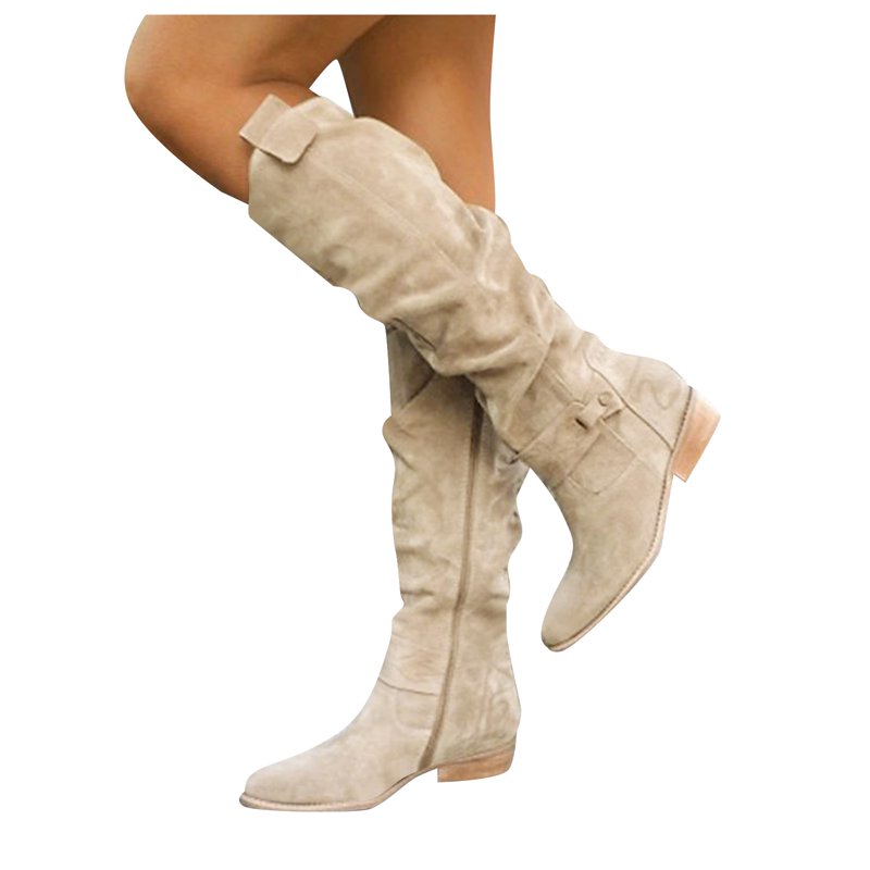 Oyedens Slouchy Knee High Cowboy Boots for Women Fashion Suede Low Heel Zipper Wide Calf Cowgirl Boots