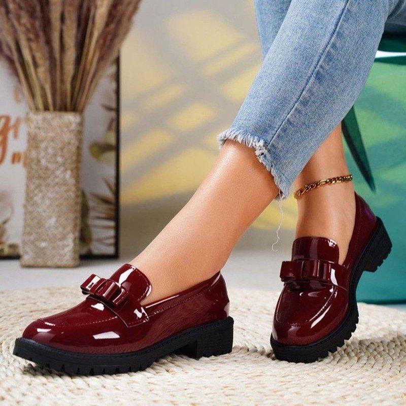 PiGOGI Women's Patent Leather Loafers - Shiny Tassel Spring Summer Shoes - Casual Comfortable Mid-Heel Dress Shoes for Women Red