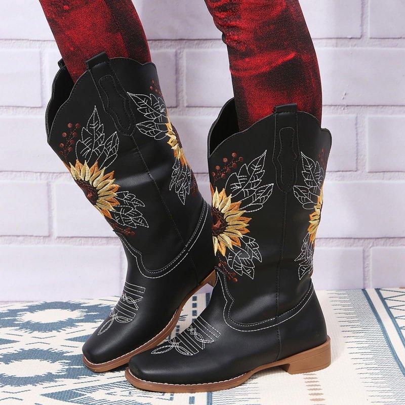 SACFOF Cowboy Boots For Women Square Toe Sunflower Cowgirl Boots Mid Calf Western Embroidered Stitched Low Heel Boots