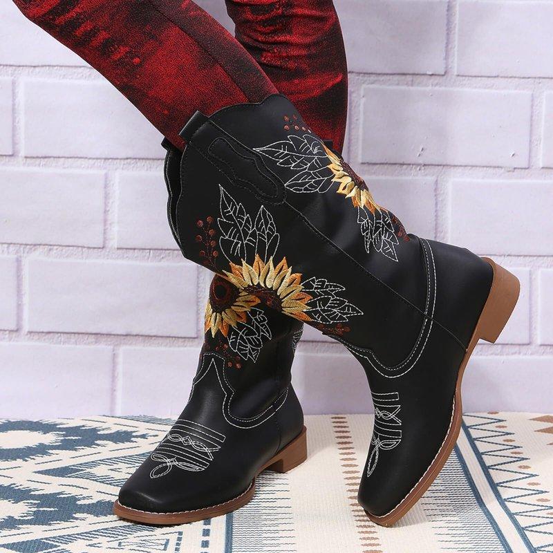 SACFOF Cowboy Boots For Women Square Toe Sunflower Cowgirl Boots Mid Calf Western Embroidered Stitched Low Heel Boots