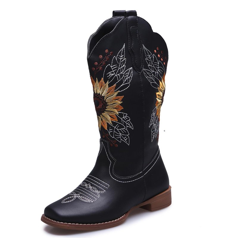 SACFOF Cowboy Boots for Women Square Toe Sunflower Cowgirl Boots Mid Calf Western Embroidered Stitched Low Heel Boots