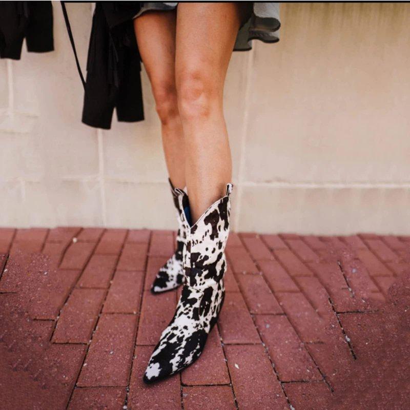 SACFOF Women's Mid Calf Cowboy Boots Pointy Toe Boots Western Cowgirl Boots Chunky Low Heels Knight Boots