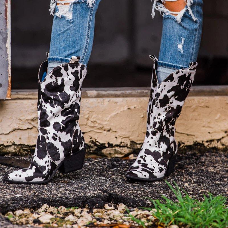 SACFOF Women's Mid Calf Cowboy Boots Pointy Toe Boots Western Cowgirl Boots Chunky Low Heels Knight Boots