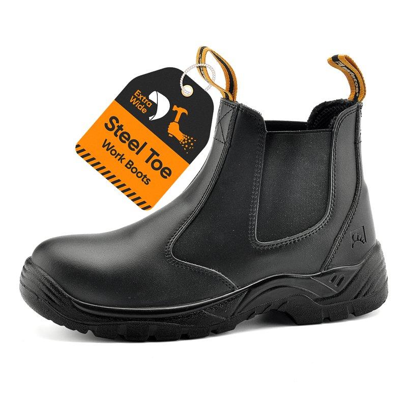 SAFETOE Men's Safety Boots With Lightweight Wide Fit Steel Toe Cap Black Waterproof Slip On Cow Leather Work Boots