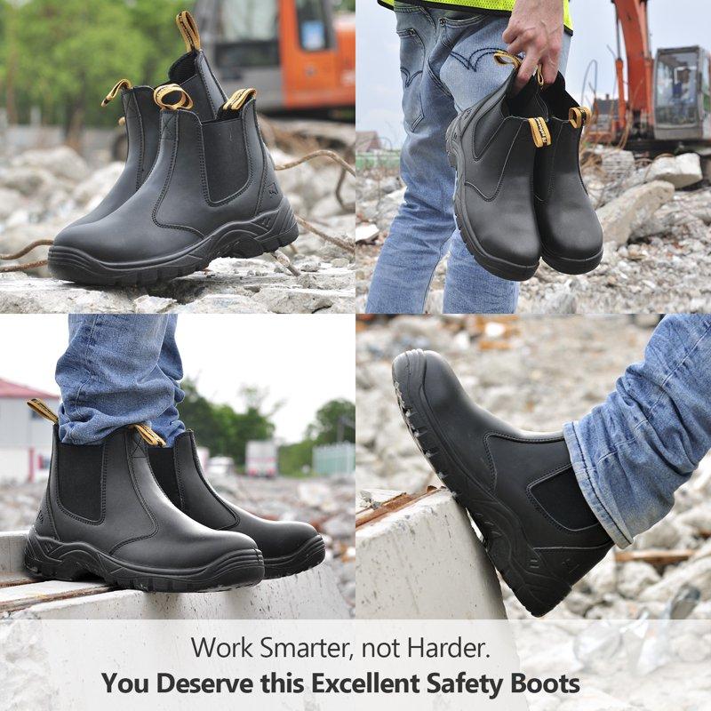 SAFETOE Men's Safety Boots With Lightweight Wide Fit Steel Toe Cap Black Waterproof Slip On Cow Leather Work Boots