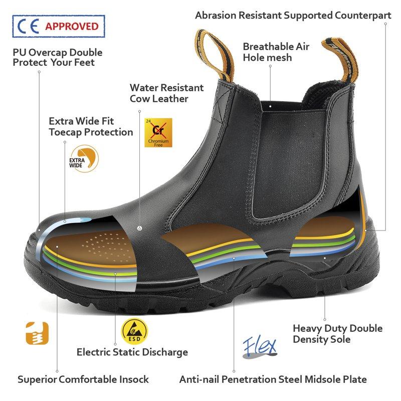 SAFETOE Men's Safety Boots With Lightweight Wide Fit Steel Toe Cap Black Waterproof Slip On Cow Leather Work Boots