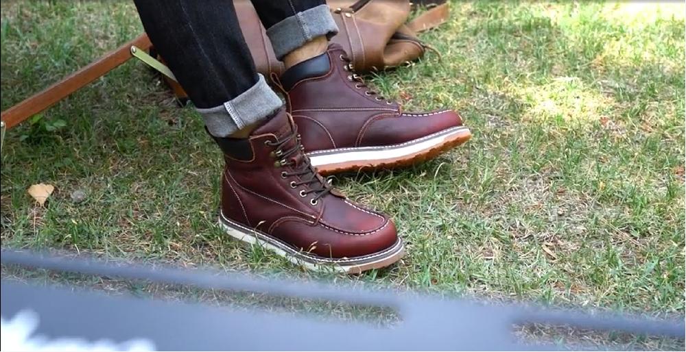 SAFETY LOONG Moc Toe Work Boots For Men Soft Toe Comfortable Full Grain Leather Non Slip Wedge Outsole Construction 6" Workboots Red Brown 8.5