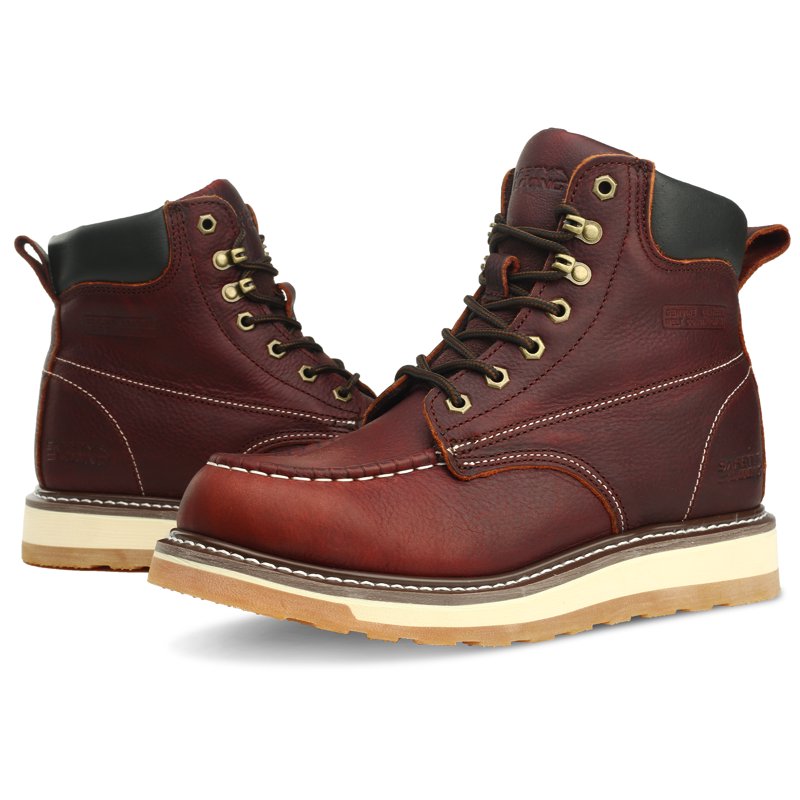 SAFETY LOONG Moc Toe Work Boots For Men Soft Toe Comfortable Full Grain Leather Non Slip Wedge Outsole Construction 6" Workboots Red Brown 8.5