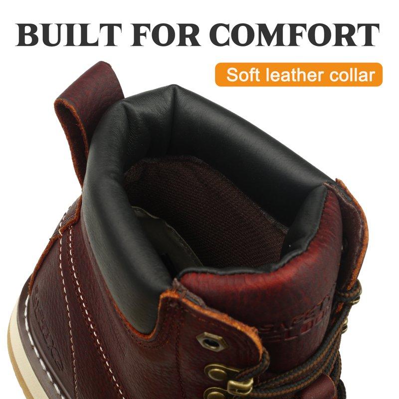 SAFETY LOONG Moc Toe Work Boots For Men Soft Toe Comfortable Full Grain Leather Non Slip Wedge Outsole Construction 6" Workboots Red Brown 8.5