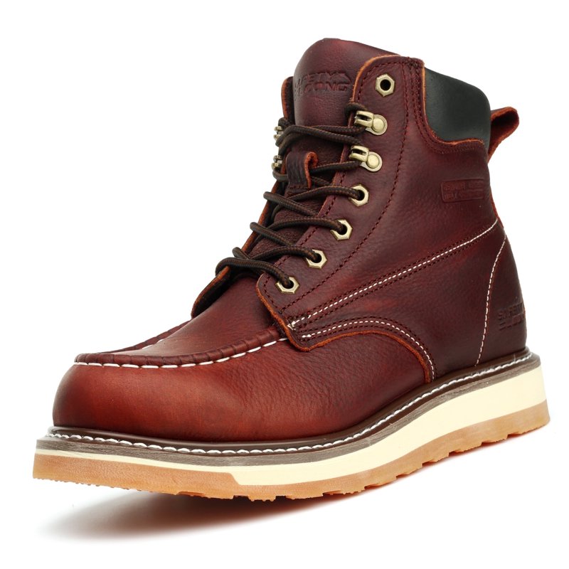 SAFETY LOONG Moc Toe Work Boots for Men Soft Toe Comfortable Full Grain Leather Non Slip Wedge Outsole Construction 6" Workboots Red Brown 8.5