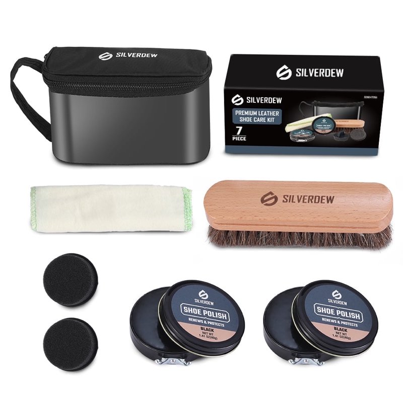 SILVERDEW 7-Piece Shoe Polish Kit Portable Shoe Shine Kit Includes Horsehair Brushe 2PCS Black Shoe Polishes Polishing Cloth and Carrying Bag Leather Boot Care Kit for Men & Women