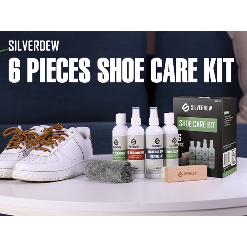 SILVERDEW Shoe Cleaning Kit (6-Piece) Shoe Cleaner Deodorizer & Waterproof Protector Safe For Sneaker Leather Nubuck Mesh & Canvas Includes Brush & Microfiber Towel