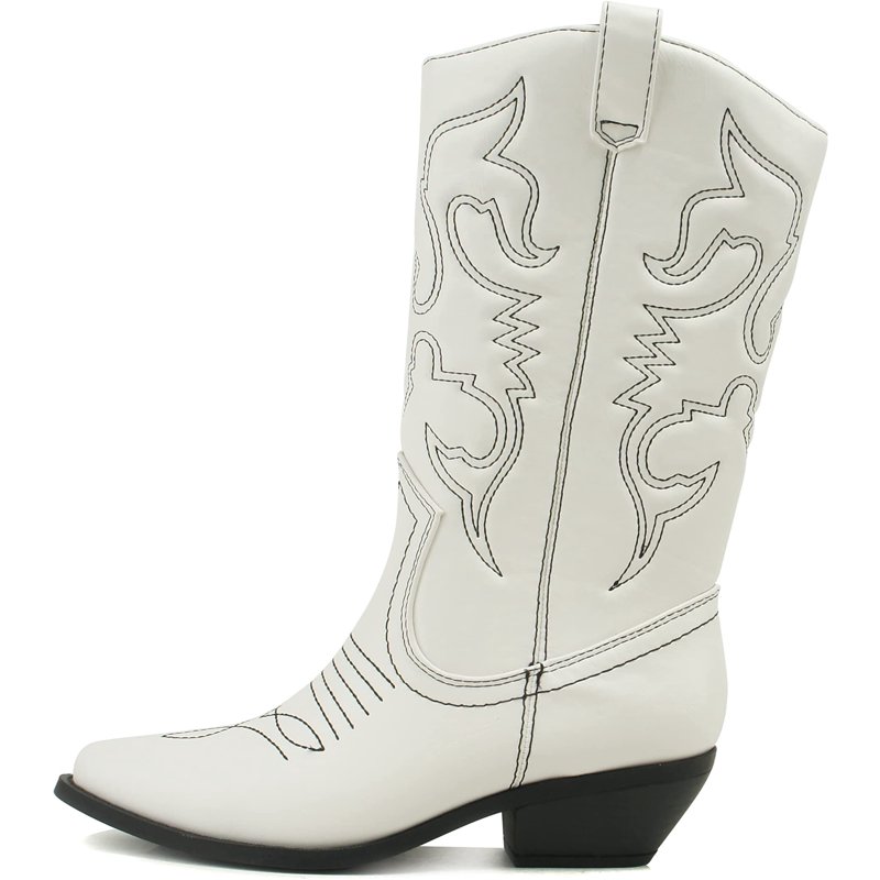 Soda Women Cowgirl Cowboy Western Stitched Boots Pointy Toe Knee High Reno-S White With Black Stitching 6