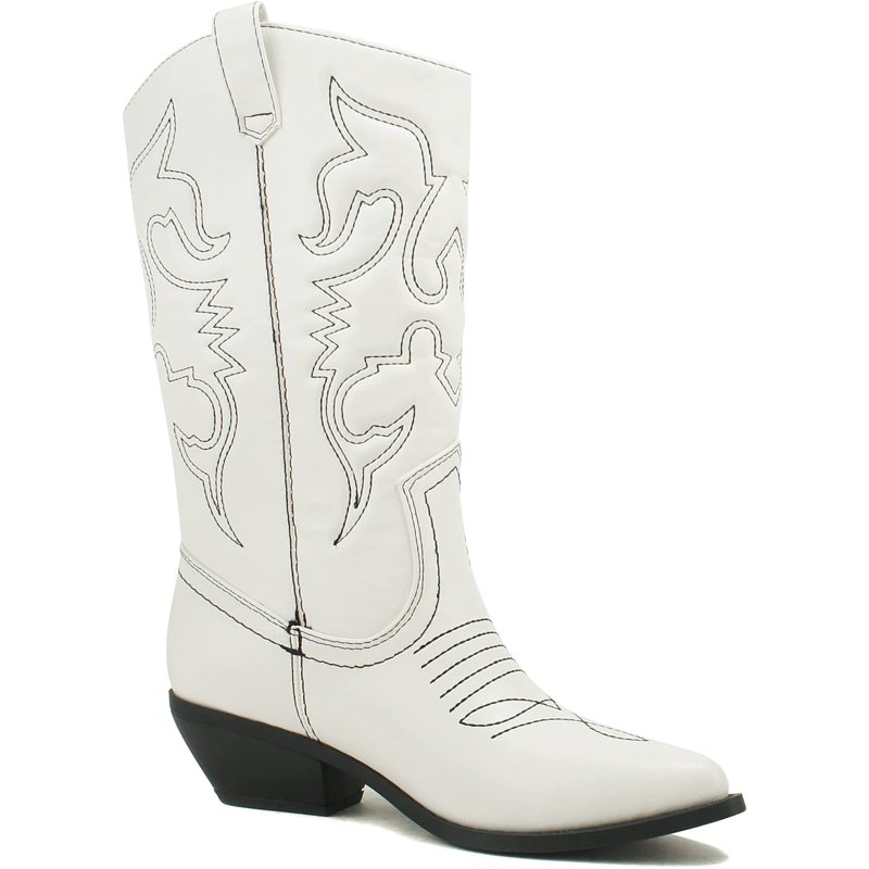 Soda Women Cowgirl Cowboy Western Stitched Boots Pointy Toe Knee High Reno-S White with Black Stitching 6