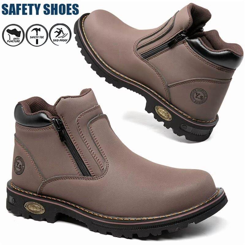 Steel Toe Boots For Men Industrial Construction Anti-puncture Double Sided Zipper Work Safety Shoes Non-Slip Waterproof Hiking Shoes