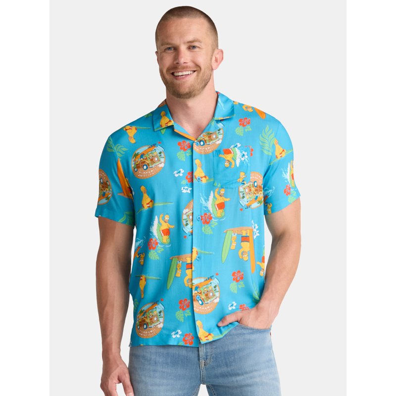 The Simpsons Men's and Big Men's Vacation Time Graphic Button Up Shirt Sizes S-3XL