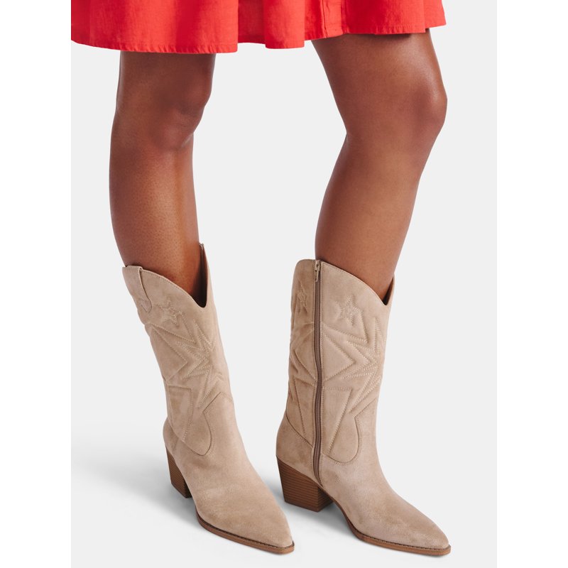 Time And Tru Women's Faux Suede Embroidered Western Boots Wide Width Available