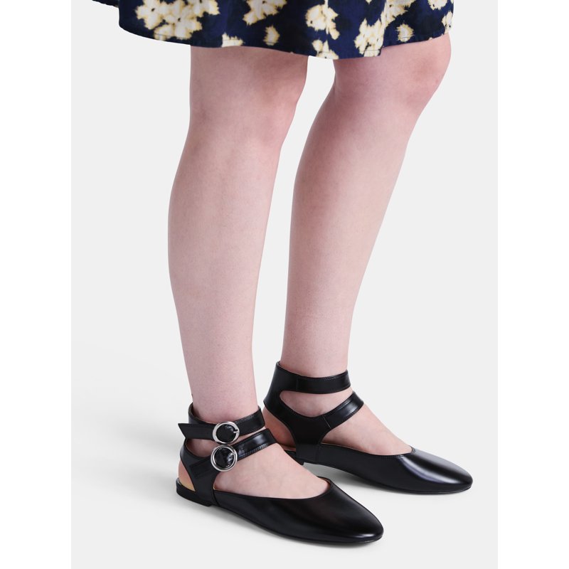 Time And Tru Women's Strappy Mary Jane Flats With Statement Buckles