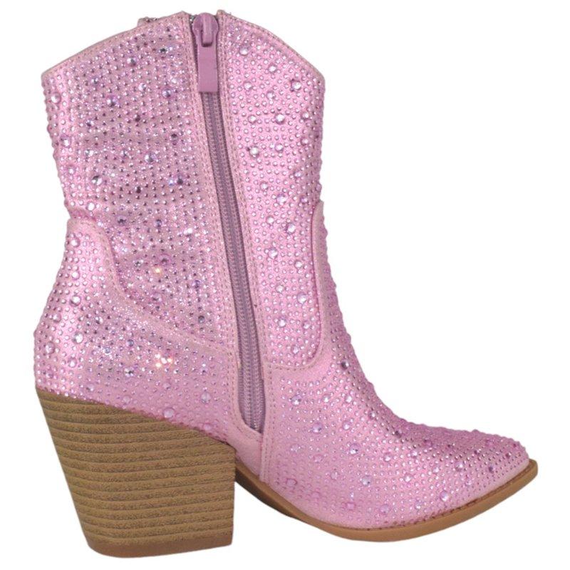 Top Moda Women Ankle Cowboy Western Boots Block High Heels Rhinestone Bling Glitter Short Booties Side Zipper Pointed-Toe NAPLES-1 Pink 5.5