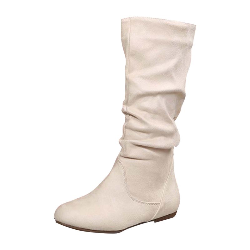Viluyesy Womens Slouch Boots Flat Heels Mid Wide Calf Zipper Ladies Fall Winter Fashion Boots Beige US8.5