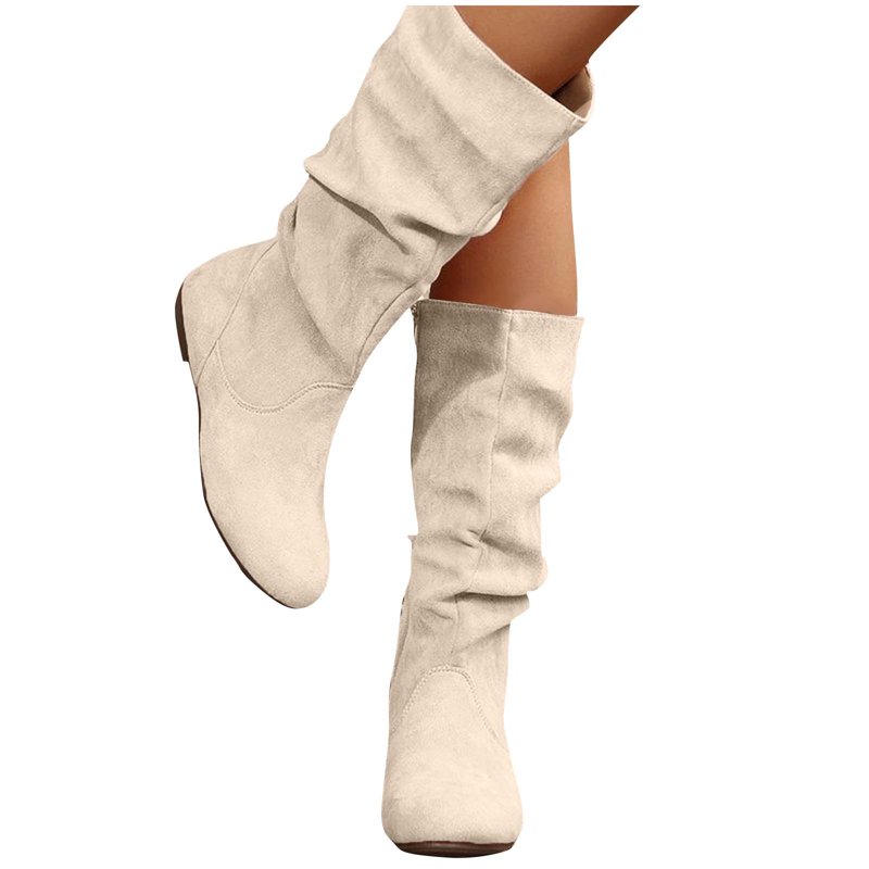 Viluyesy Womens Slouch Boots Flat Heels Mid Wide Calf Zipper Ladies Fall Winter Fashion Boots Beige US8.5