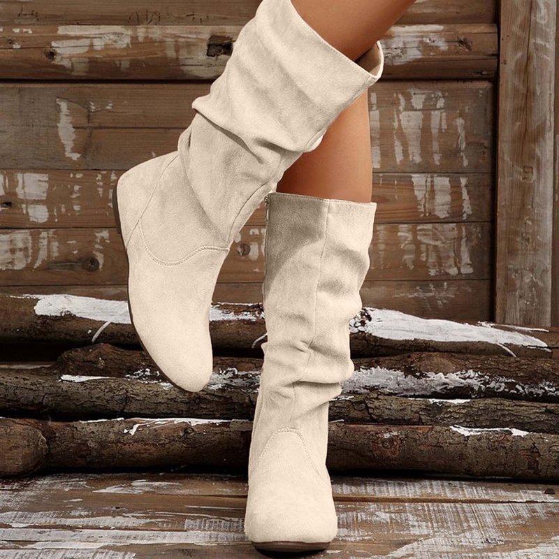 Viluyesy Womens Slouch Boots Flat Heels Mid Wide Calf Zipper Ladies Fall Winter Fashion Boots Beige US8.5