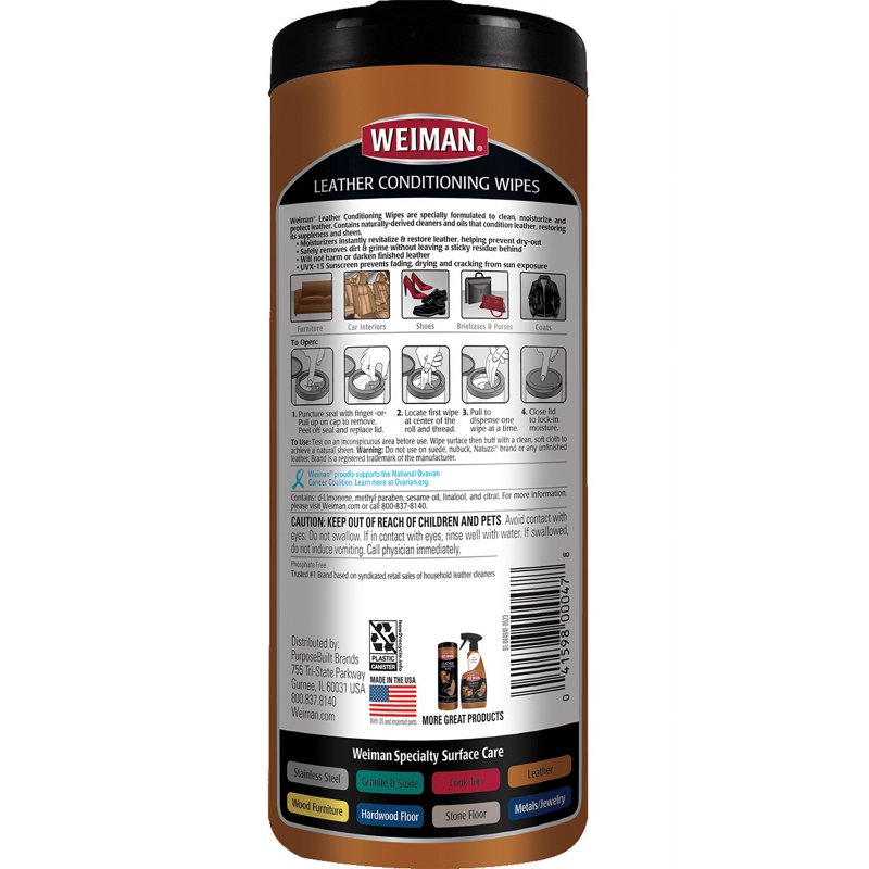 Weiman 3-In-1 Leather Cleaner Conditioner & Protection Wipes 30 Count