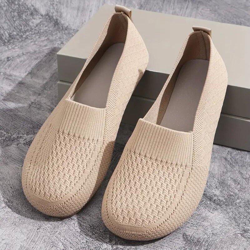 Wensltd Women Wide Width Square-Toe Knit Flats Breathable Shallow Color-Block Slip-On Shoes For Office Casual Outings
