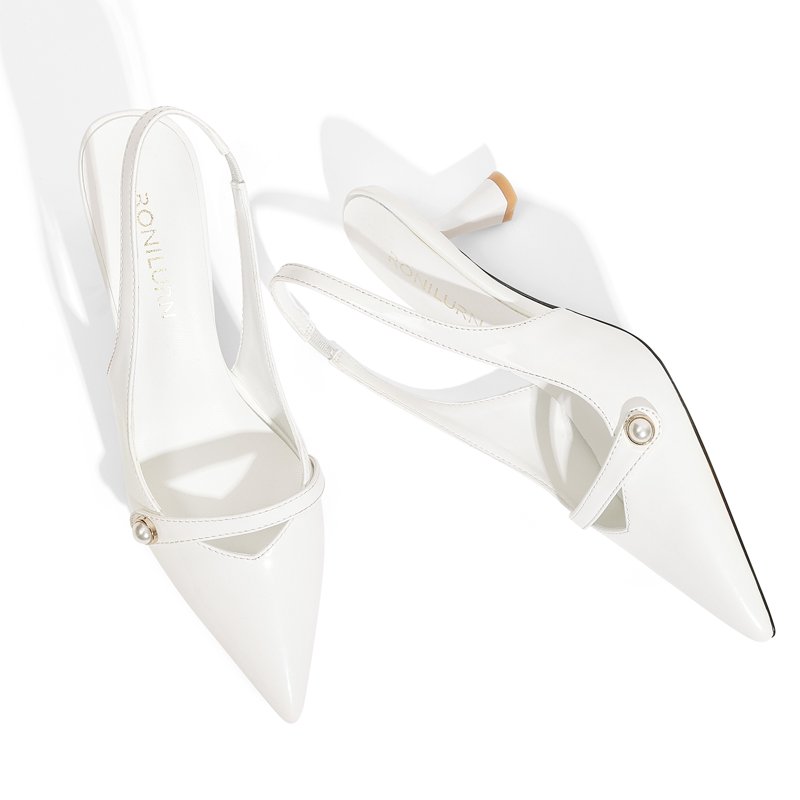 Women Kitten Heels Slingback Low Heel Pumps Dress Shoes For Women Closed Pointed Toe Pearl Heels For Work Wedding Bridal