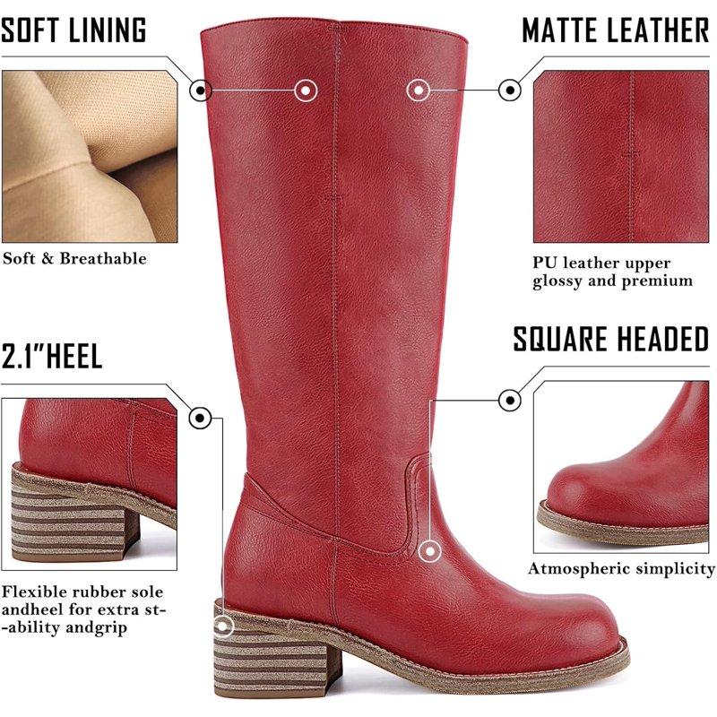 Women's Knee High Boots Chunky Block Heel Long Boots Square Toe Low Heel Boots For Women
