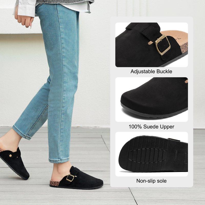 Women's Suede Clogs Mens Leather Mules Comfort Cork Footbed Antislip House Sandals Arch Support Potato Shoes With Adjustable Buckle