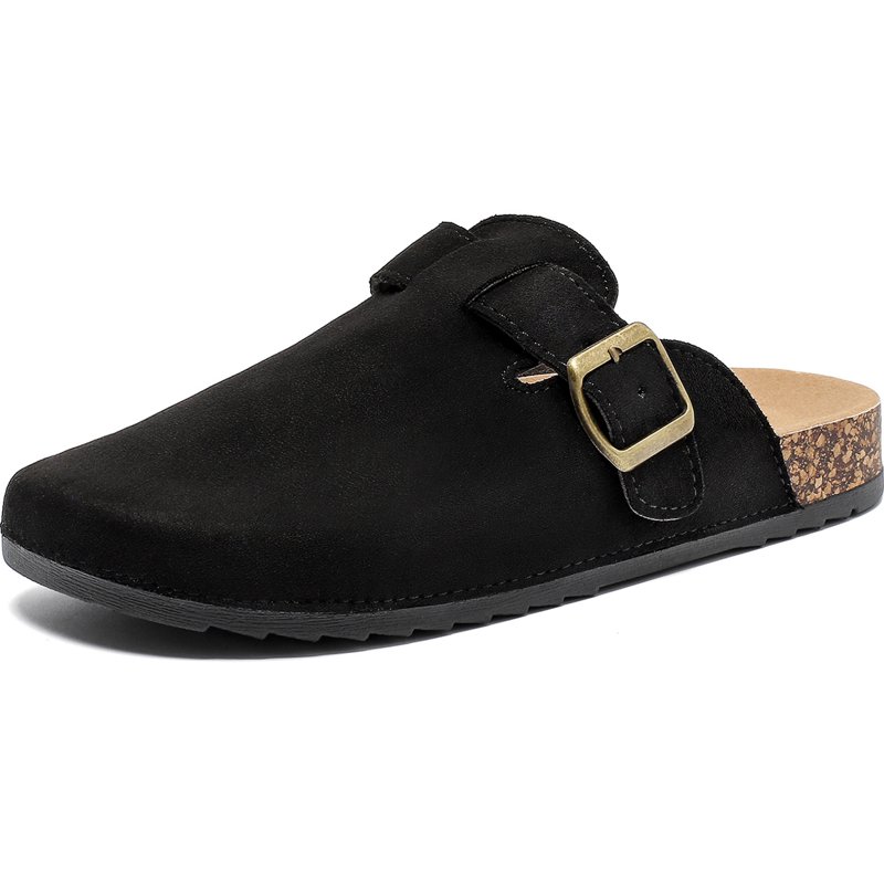 Women's Suede Clogs Mens Leather Mules Comfort Cork Footbed Antislip House Sandals Arch Support Potato Shoes with Adjustable Buckle
