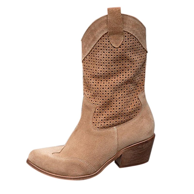 XDDLITP Women's Western Cowboy Boots Hollow-Out Low Chunky Heel Mid-Calf Retro Pull-On Pointed Toe Country Style​ Light Brown 42(US-8.5)