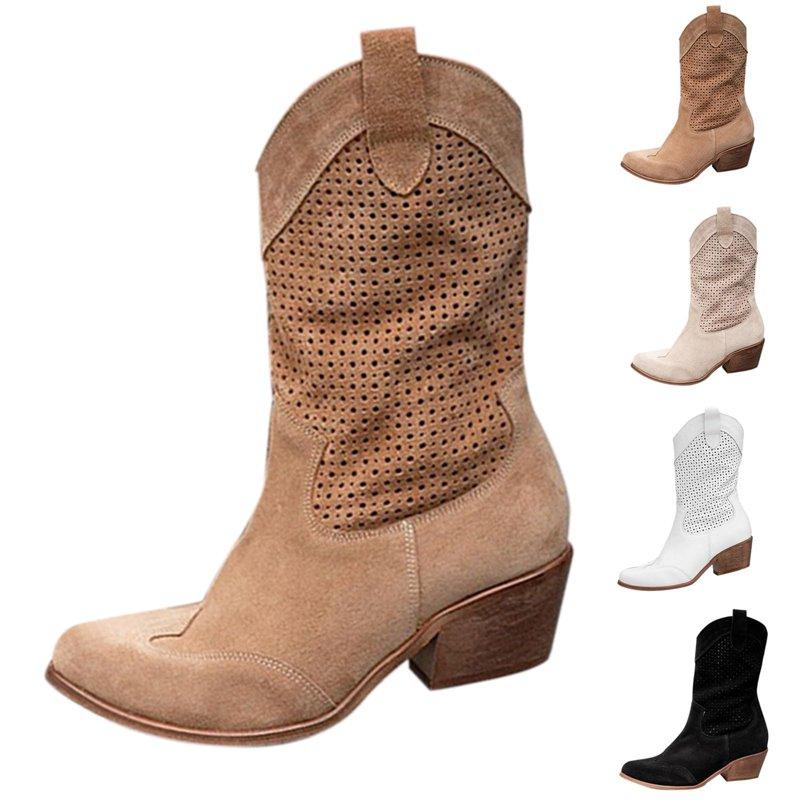 XDDLITP Women's Western Cowboy Boots Hollow-Out Low Chunky Heel Mid-Calf Retro Pull-On Pointed Toe Country Style​ Light Brown 42(US-8.5)
