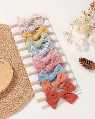 10PCS Baby Girls Headbands Hair Bows Nylon Cotton Linen Hairbands Handmade Hair Accessories For Newborn Infant Toddlers Little Girl And Kids 3.5Inches