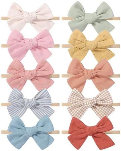 10PCS Baby Girls Headbands Hair Bows Nylon Cotton Linen Hairbands Handmade Hair Accessories for Newborn Infant Toddlers Little Girl and Kids 3.5Inches